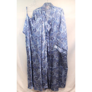 Woman Within Vtg 2pc Gown Robe Set Womens size 5X Blue Floral Lattice Trim Slit